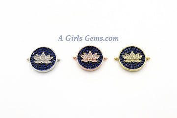 CZ Pave Lotus Flower Connectors , Yoga Charm Blue Disc, Flower Charms Rose
